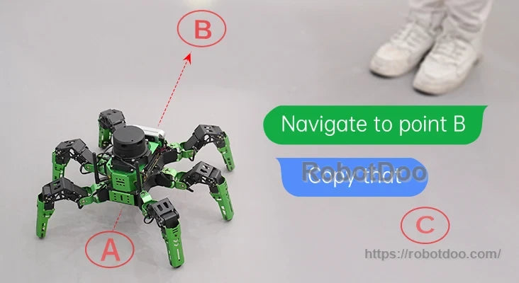 Hiwonder JetHexa ROS hexapod robot navigating toward a marked point on the floor