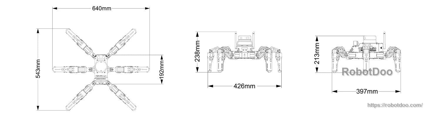 Hiwonder JetHexa ROS hexapod robot dimension drawing with 640 mm span and 230 mm height