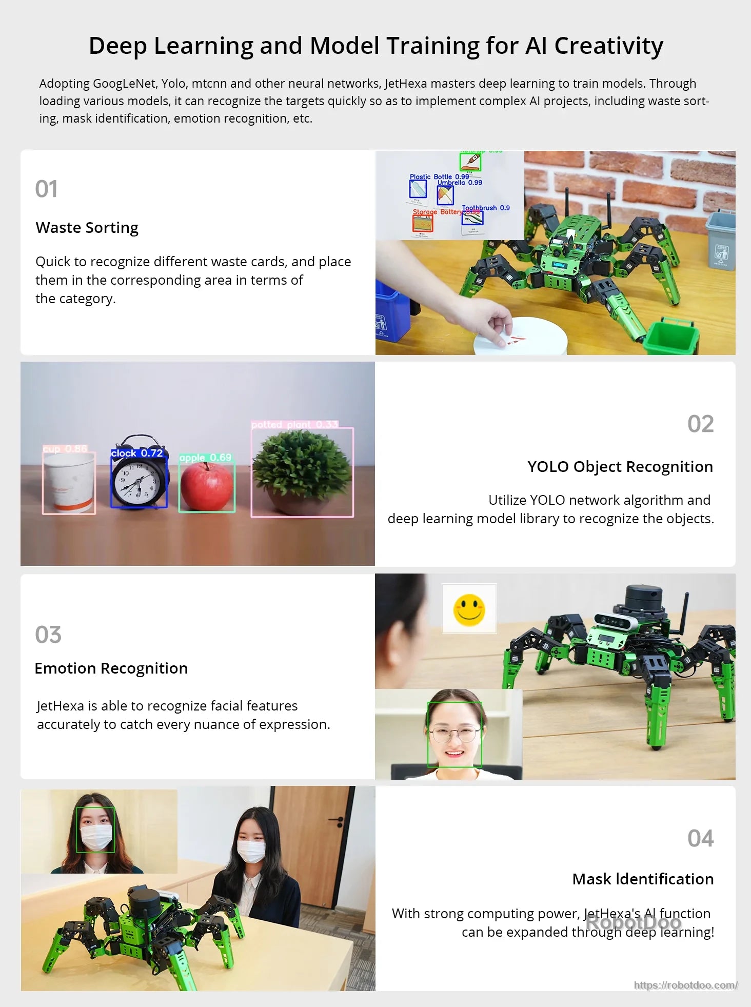 AI vision examples for JetHexa including sorting, YOLO recognition, emotion, and mask detection