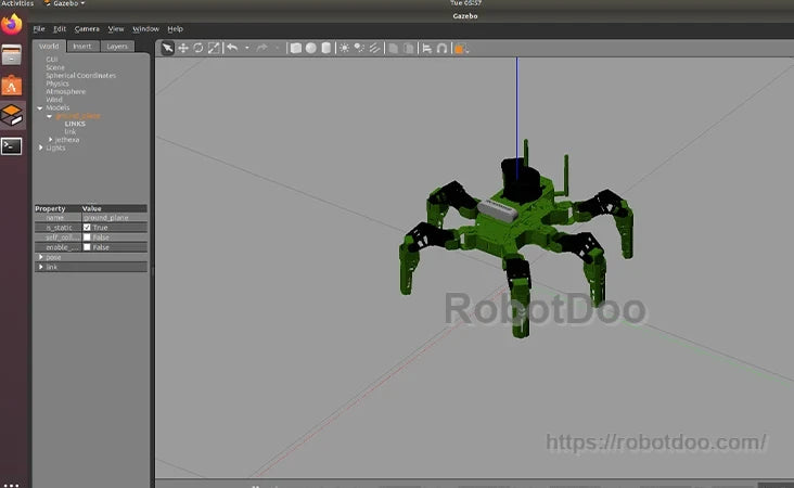 Gazebo simulator view of the Hiwonder JetHexa ROS hexapod robot with six articulated legs