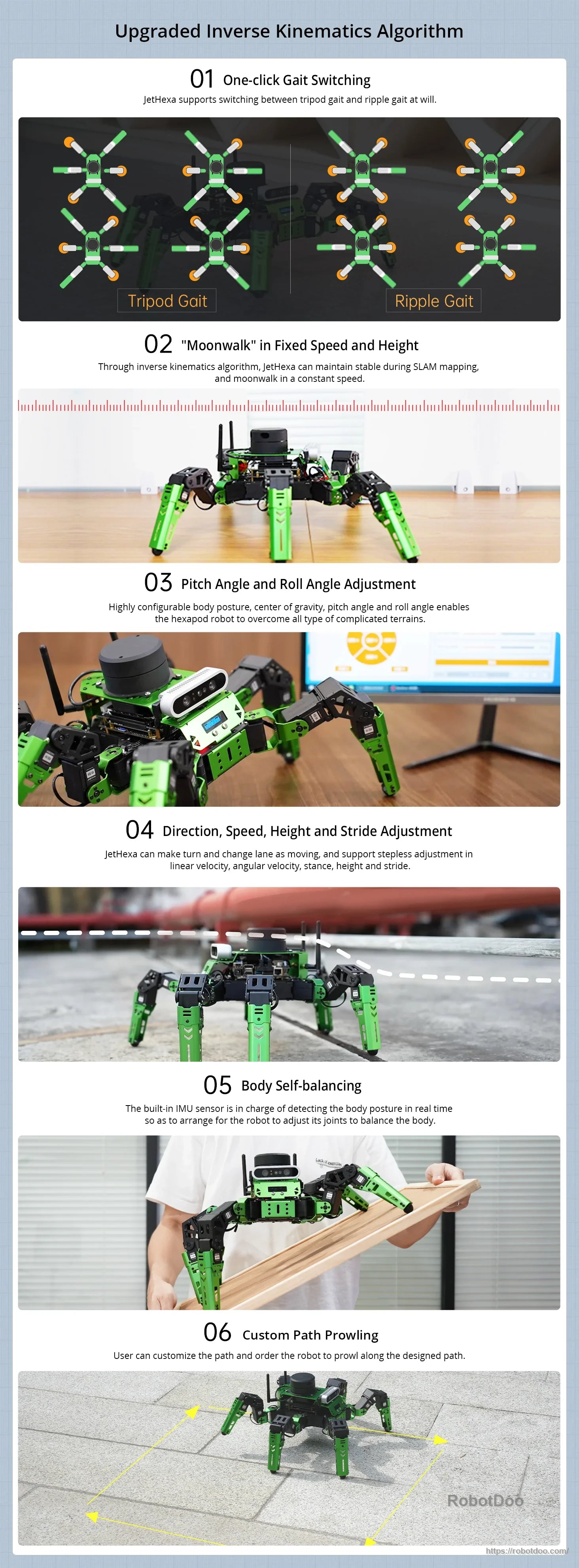 Hiwonder JetHexa ROS hexapod robot walking indoors and outdoors with six green articulated legs