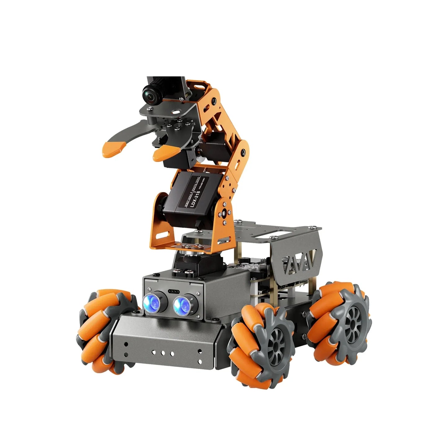 Hiwonder MasterPi AI Vision Robot with orange robotic arm, gripper, camera, and mecanum wheels