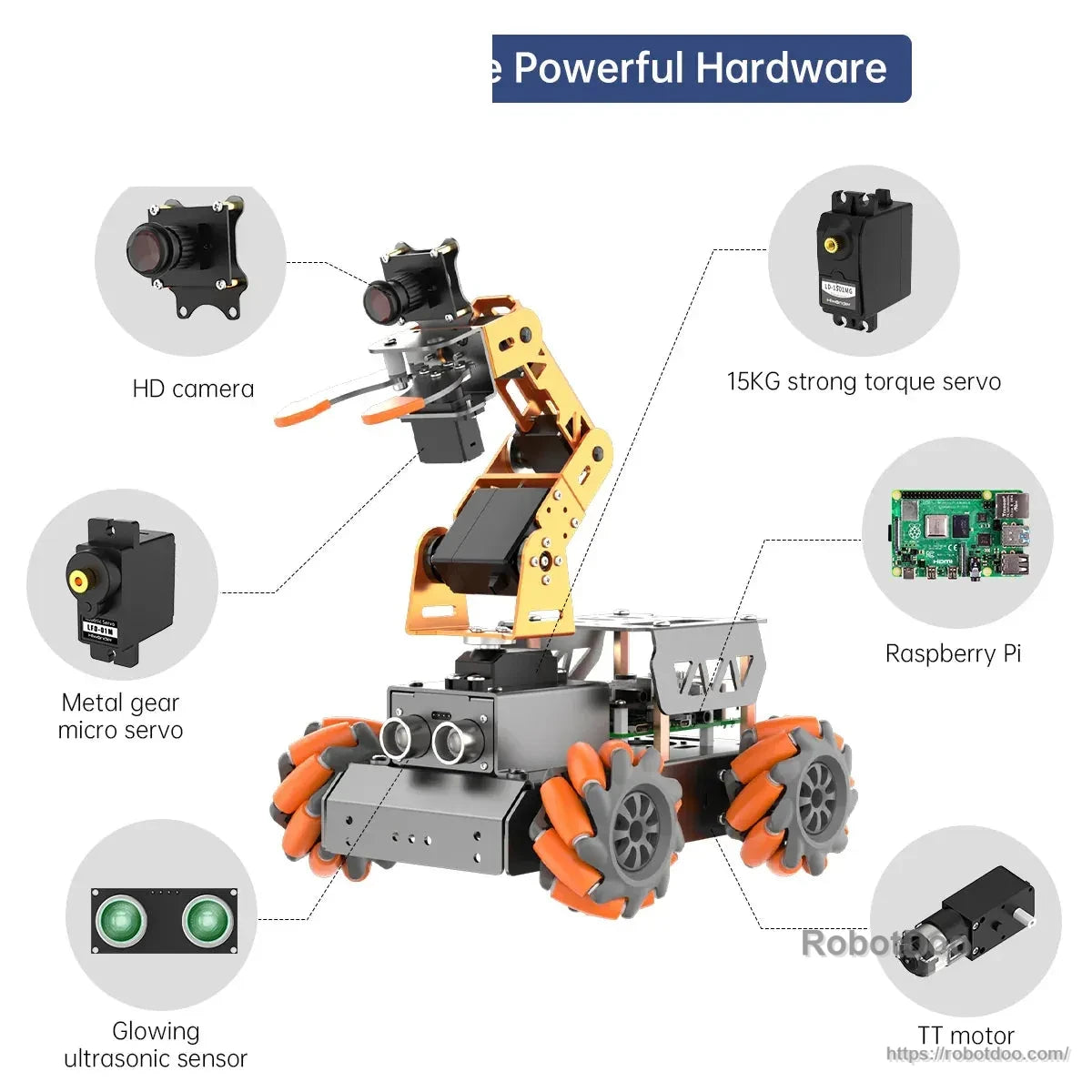 Hiwonder MasterPi AI Vision Robot hardware overview with camera, servos, sensors, and motors