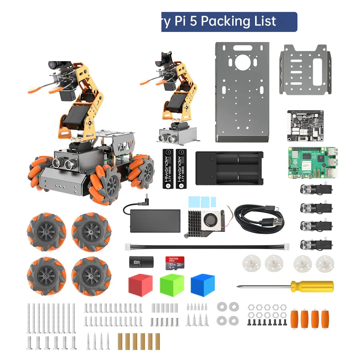 MasterPi Raspberry Pi 5 packing list with robot parts, wheels, boards, tools, and hardware