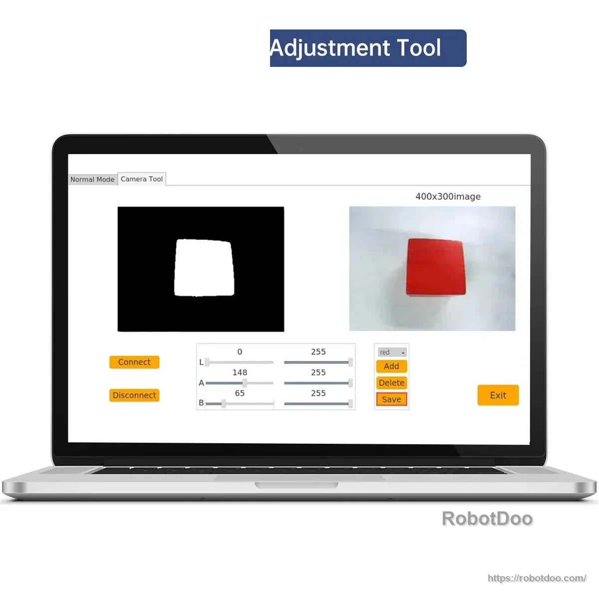 Camera adjustment tool interface showing color target selection and image preview