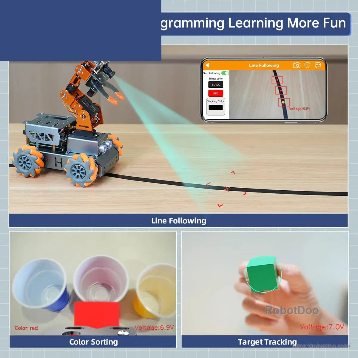 Robot programming applications for line following, color sorting, and target tracking