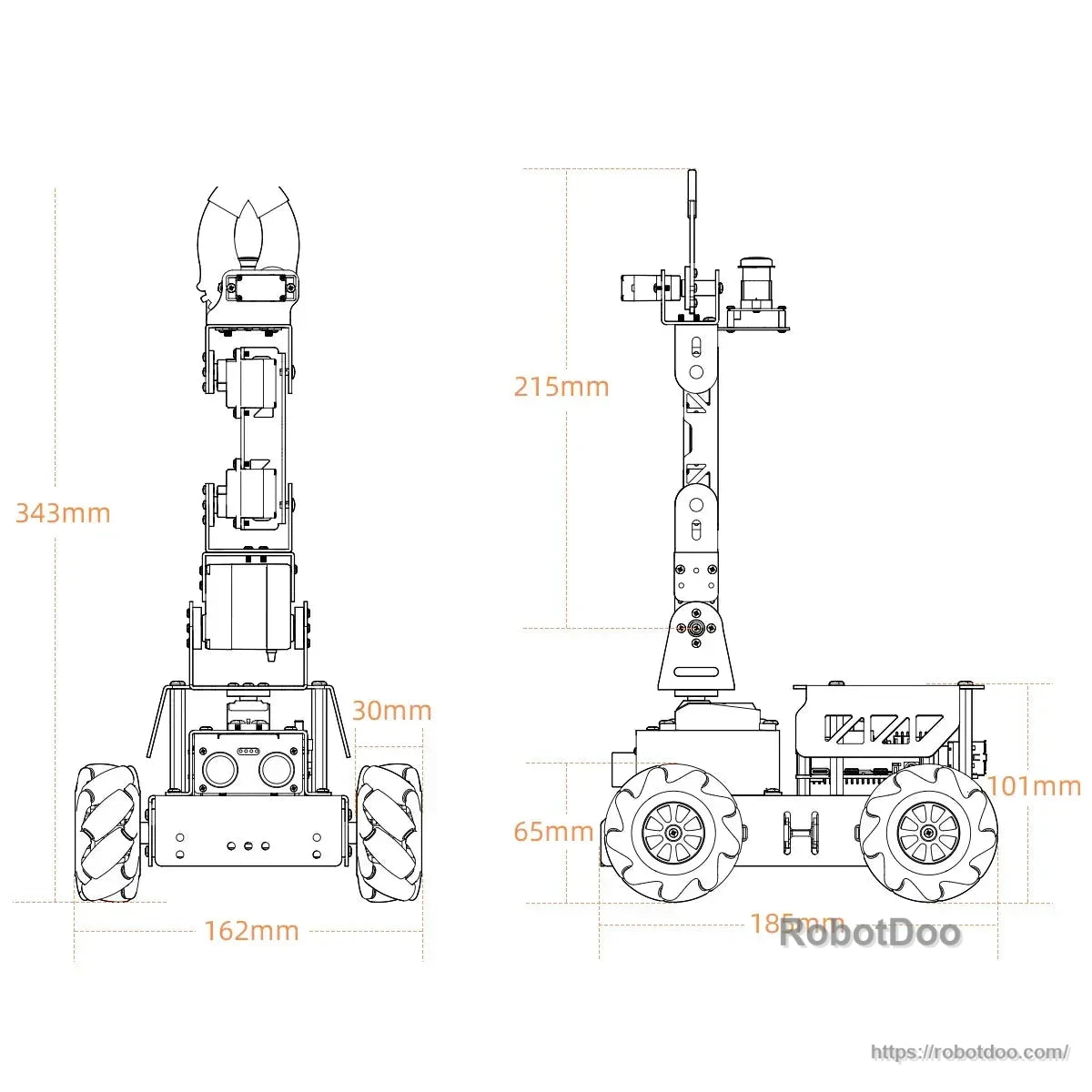 MasterPi robot dimension drawing with front and side measurements
