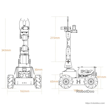 MasterPi robot dimension drawing with front and side measurements