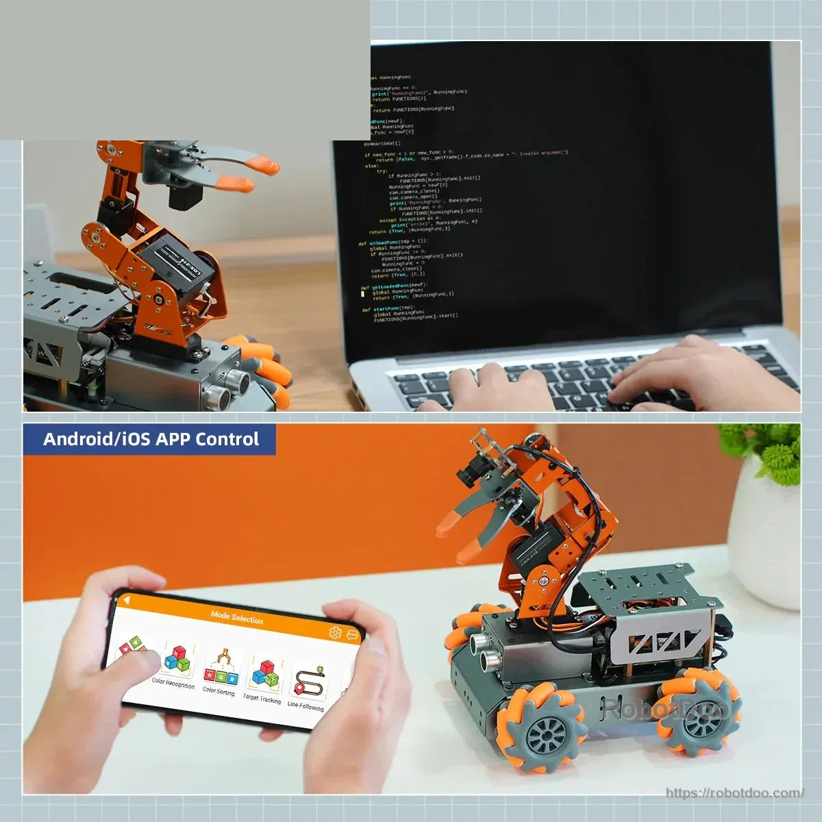 Robot arm coding on laptop and Android or iOS app control interface