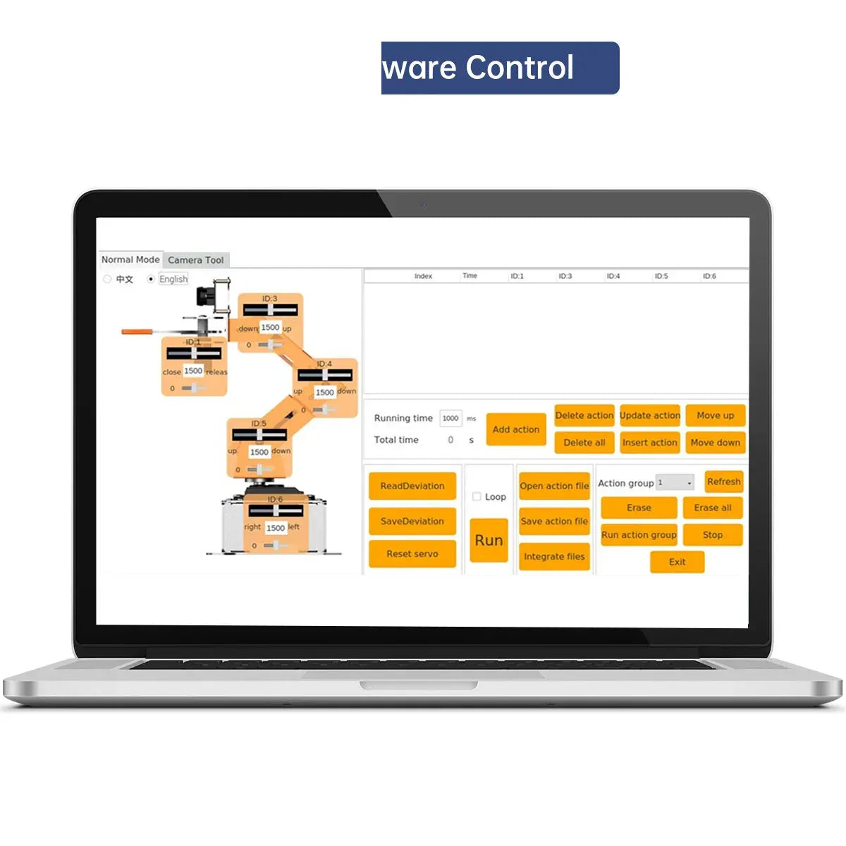 Software control interface for programming robotic arm movements and action sequences
