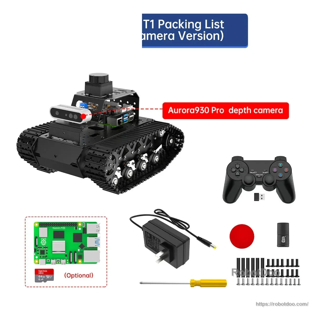 MentorPi T1 Aurora930 Pro depth camera version package contents with controller, adapter, tools, and hardware