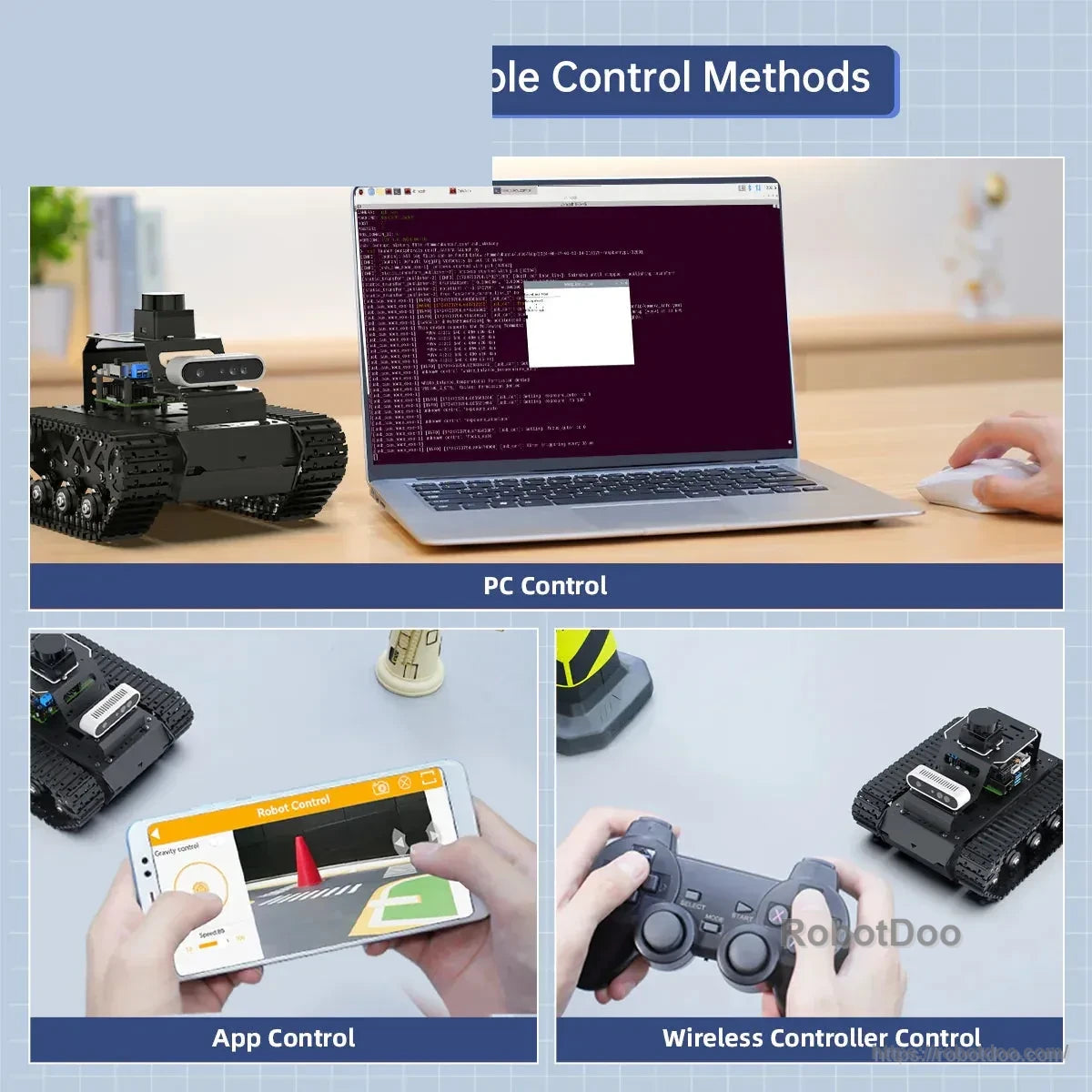 Robot control methods showing PC, mobile app, and wireless game controller operation