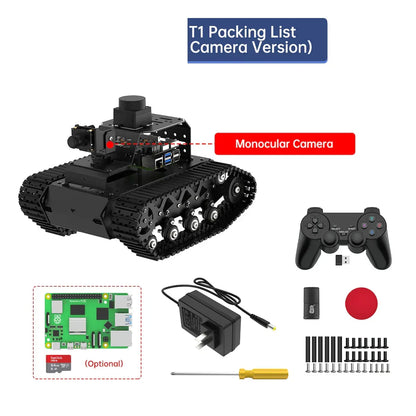 MentorPi T1 monocular camera version package contents with controller, power adapter, tools, and hardware