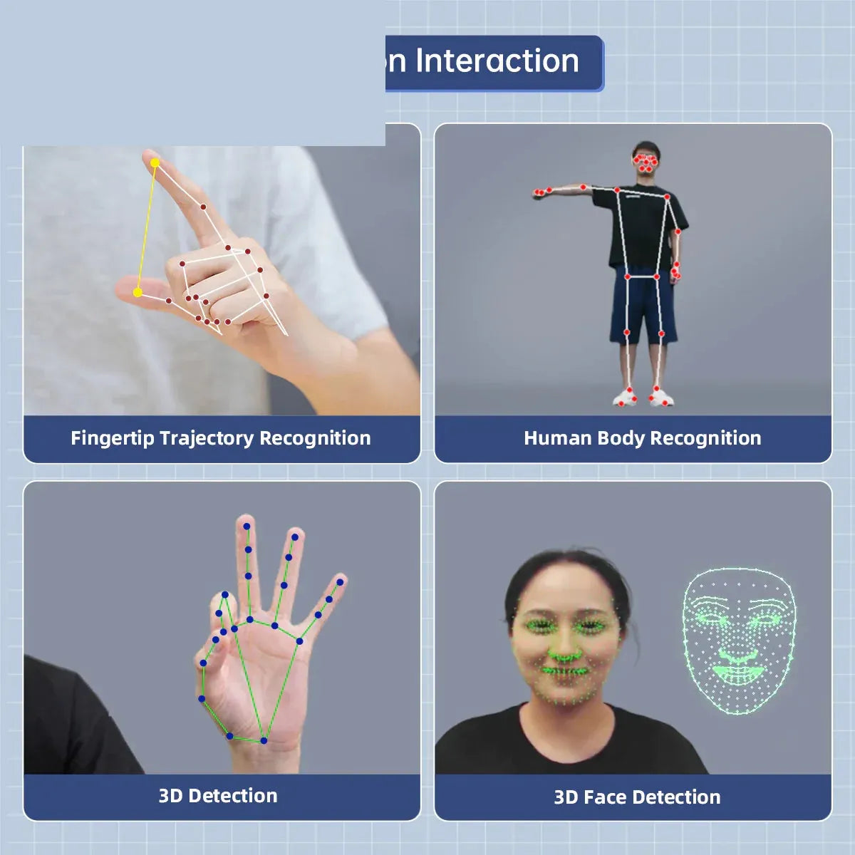 Human interaction functions showing fingertip trajectory, body, hand, and 3D face recognition