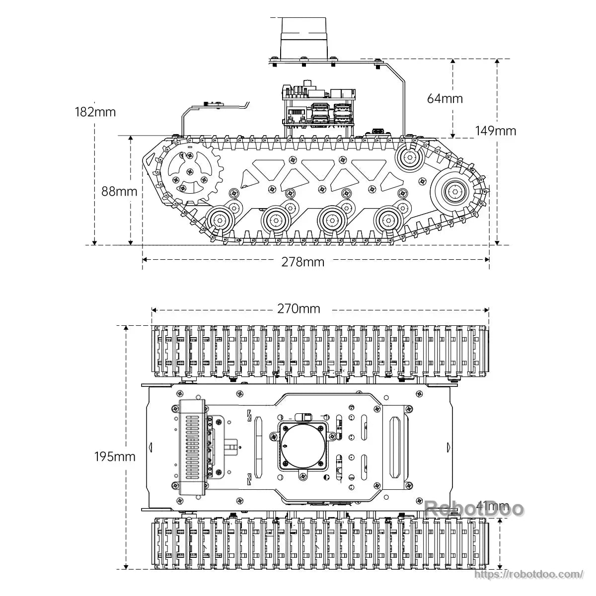 Tracked robot dimension drawing with side and underside measurements in millimeters
