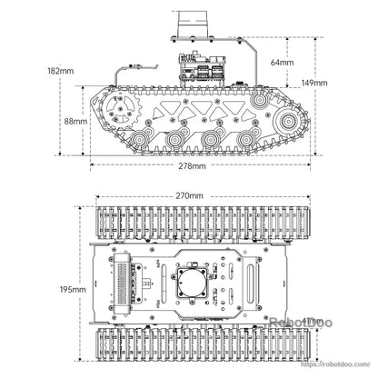 Tracked robot dimension drawing with side and underside measurements in millimeters
