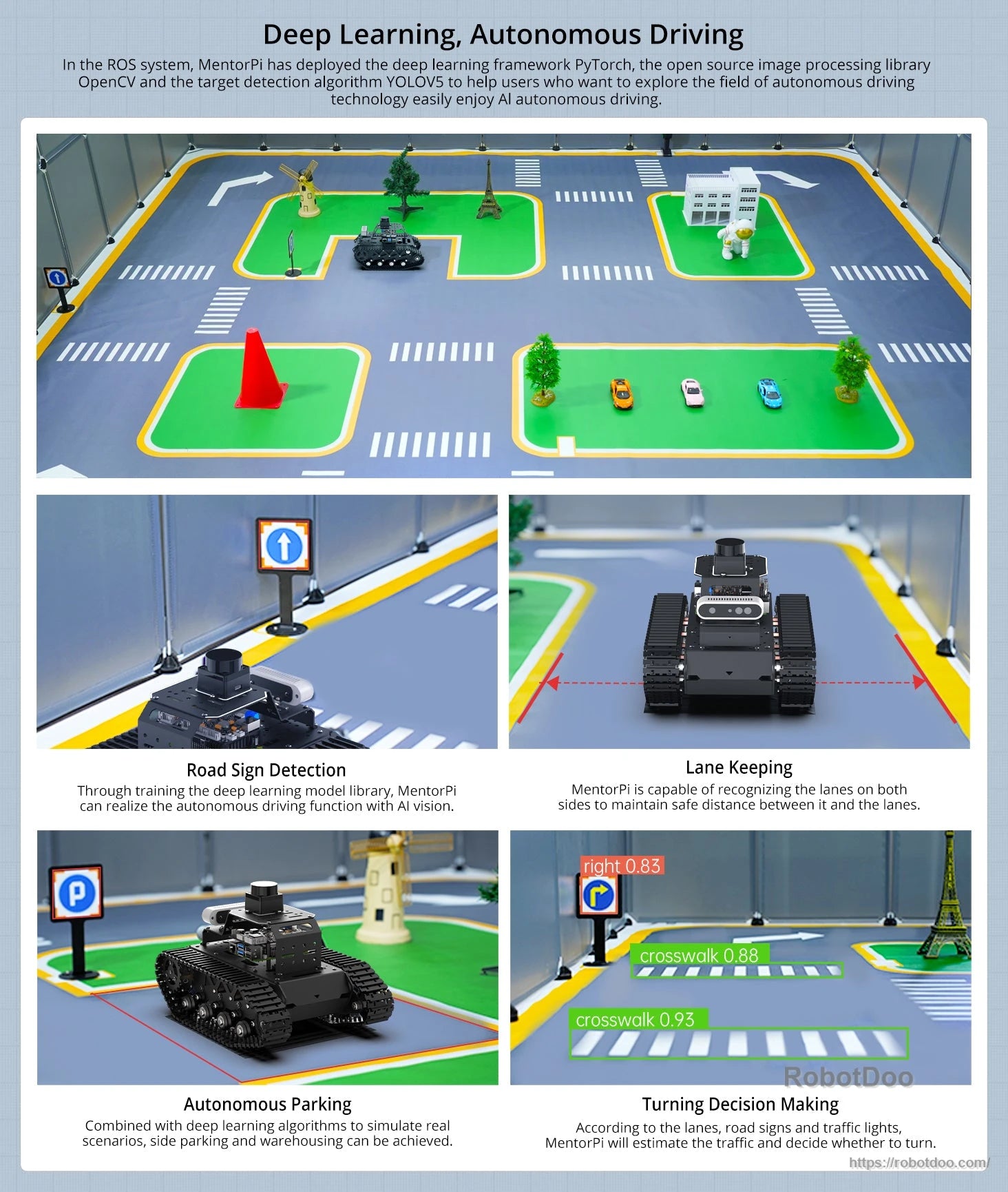 Hiwonder MentorPi T1 Raspberry Pi 5 ROS2 robot demonstrating road sign detection, lane keeping and autonomous parking