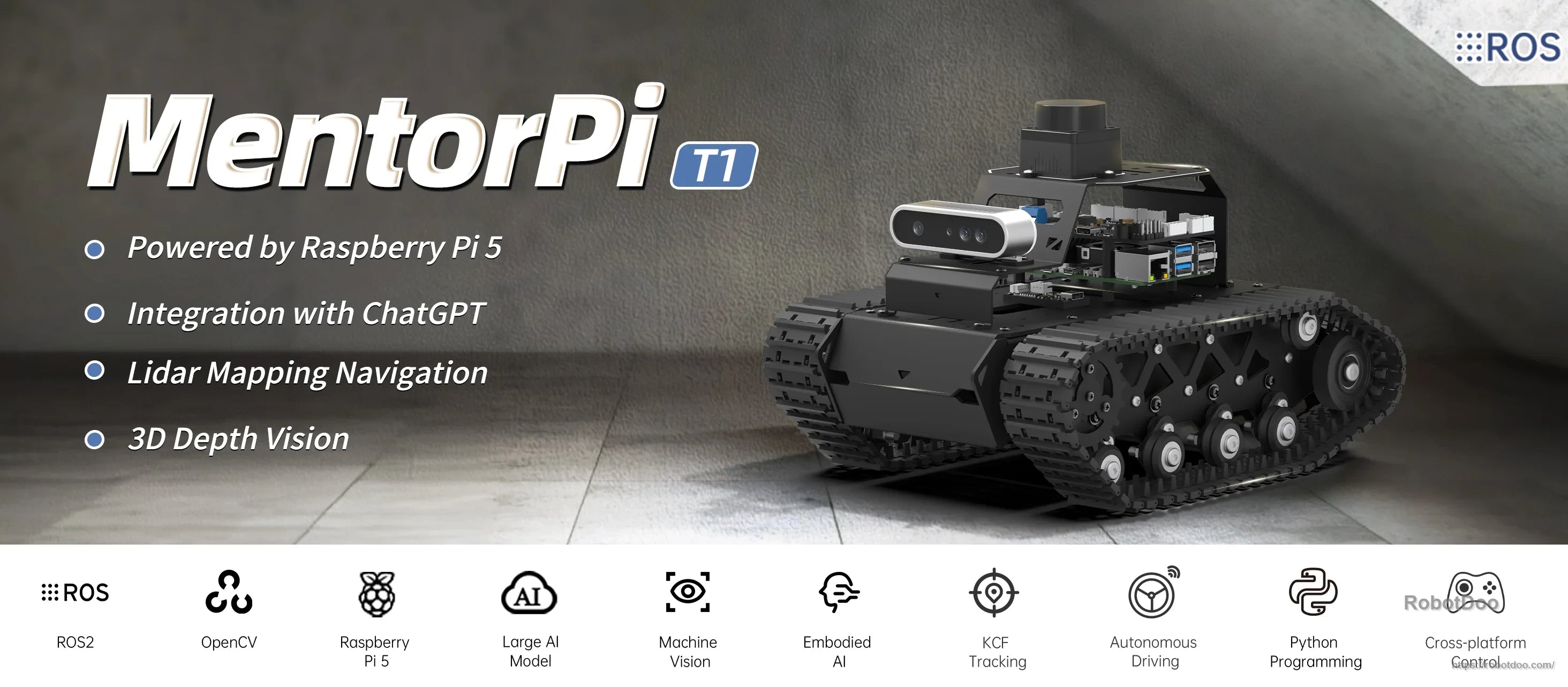 Hiwonder MentorPi T1 Raspberry Pi 5 ROS2 Robot with tank tracks, LiDAR, and depth camera