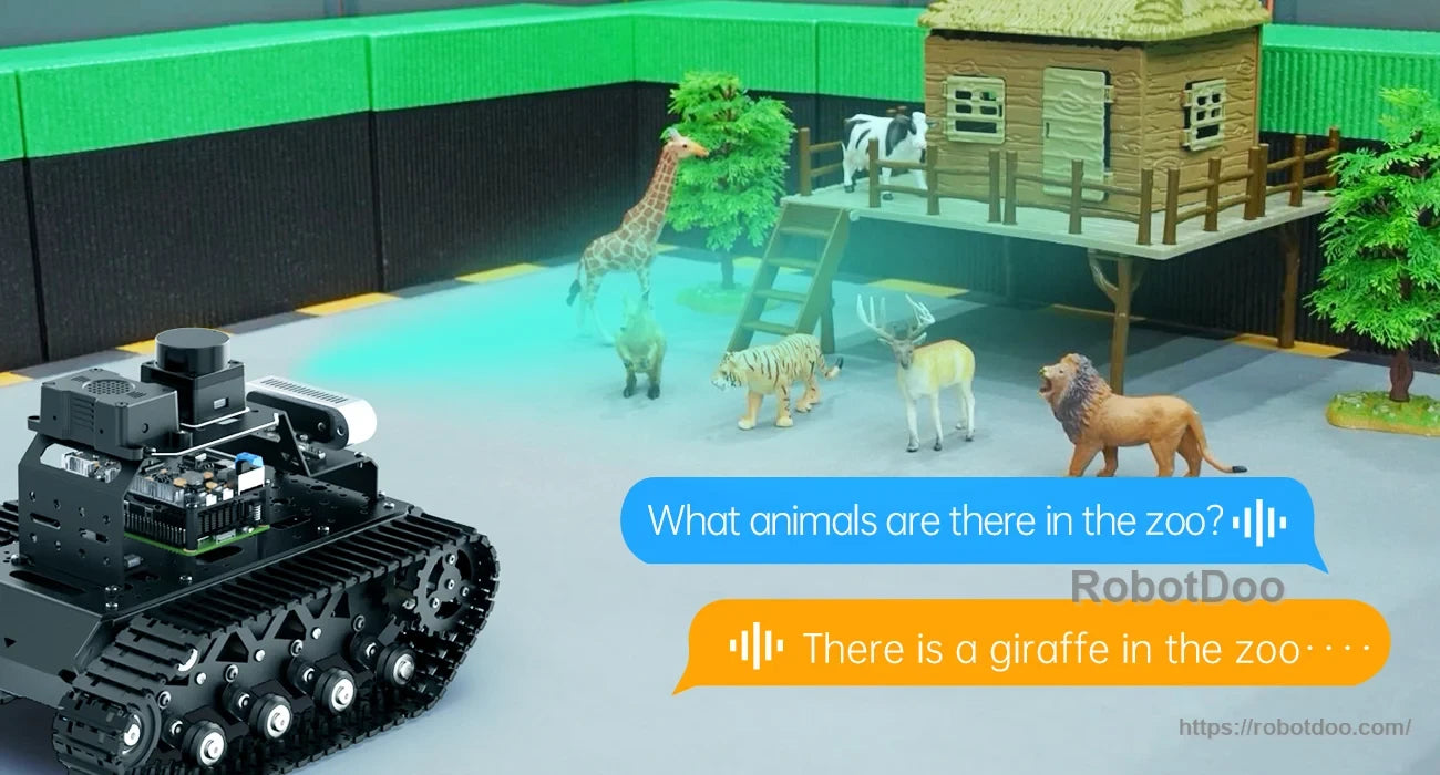 MentorPi robot answering a question about animals in a miniature zoo scene