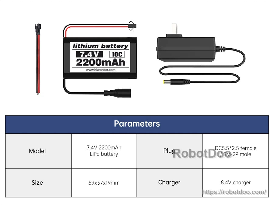 Hiwonder MentorPi T1 7.4V 2200mAh LiPo battery with 2-pin plug and 8.4V charger
