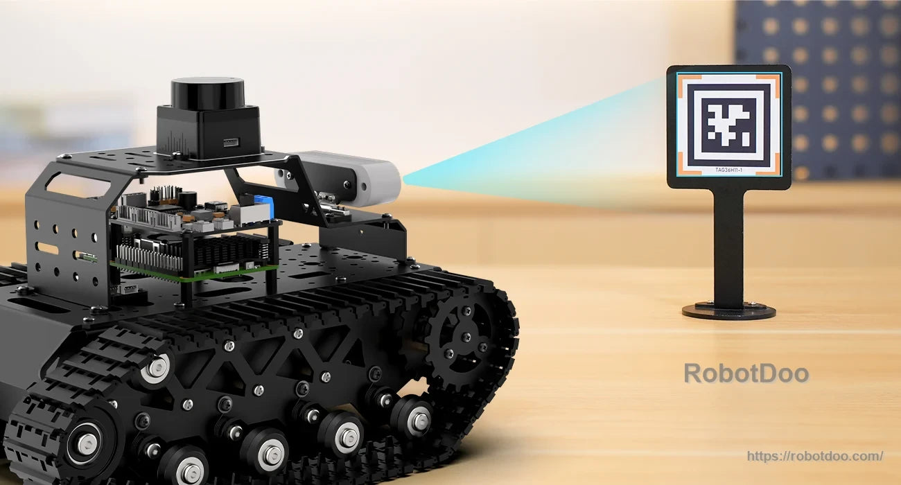 Hiwonder MentorPi T1 tracked Raspberry Pi 5 ROS2 robot with camera module and AprilTag target
