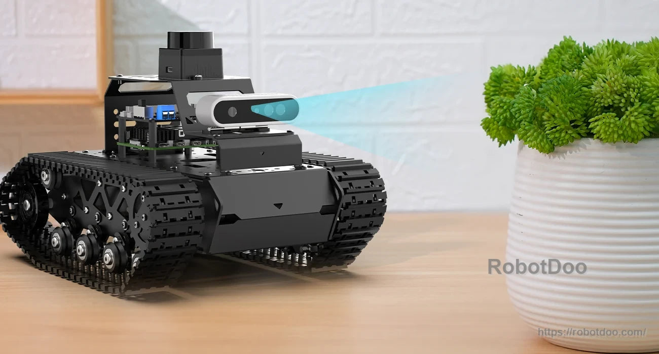 Hiwonder MentorPi T1 tracked robot with a front camera module, sensor housing, and rubber tank treads