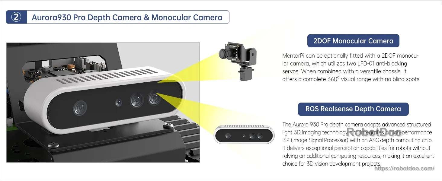 Hiwonder MentorPi T1 robot front with Aurora930 Pro depth camera and monocular camera modules