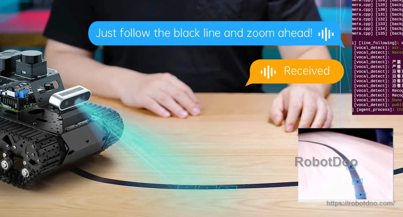 MentorPi tracked robot following a black line with depth camera vision overlay