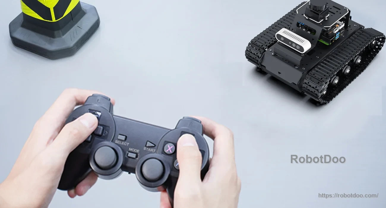 Hiwonder MentorPi T1 tracked Raspberry Pi 5 ROS2 robot controlled with a wireless gamepad