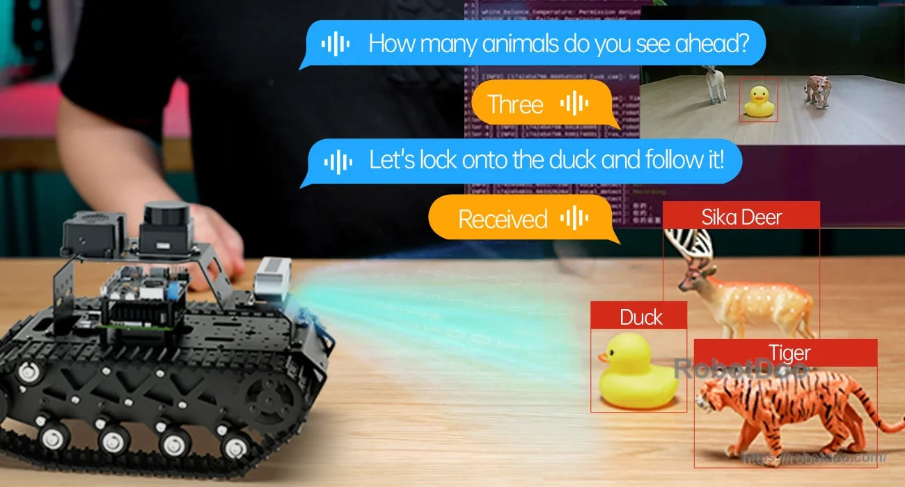 MentorPi robot detecting toy animals with labeled vision recognition results