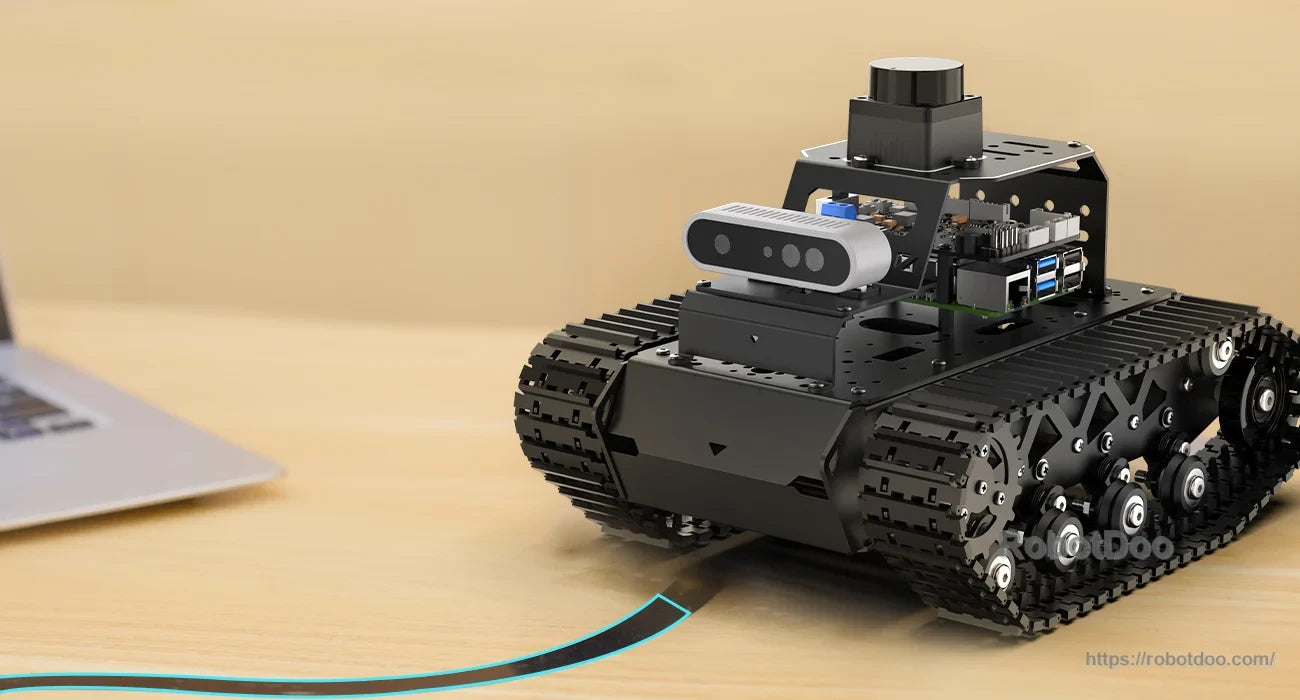 Hiwonder MentorPi T1 Raspberry Pi 5 ROS2 tracked robot with camera module, lidar sensor and side USB ports