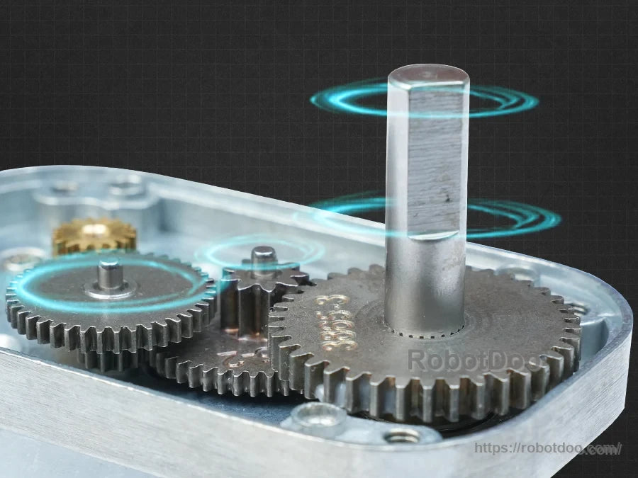 Metal gear mechanism with an upright output shaft and blue rotation effect for the MentorPi T1 robot