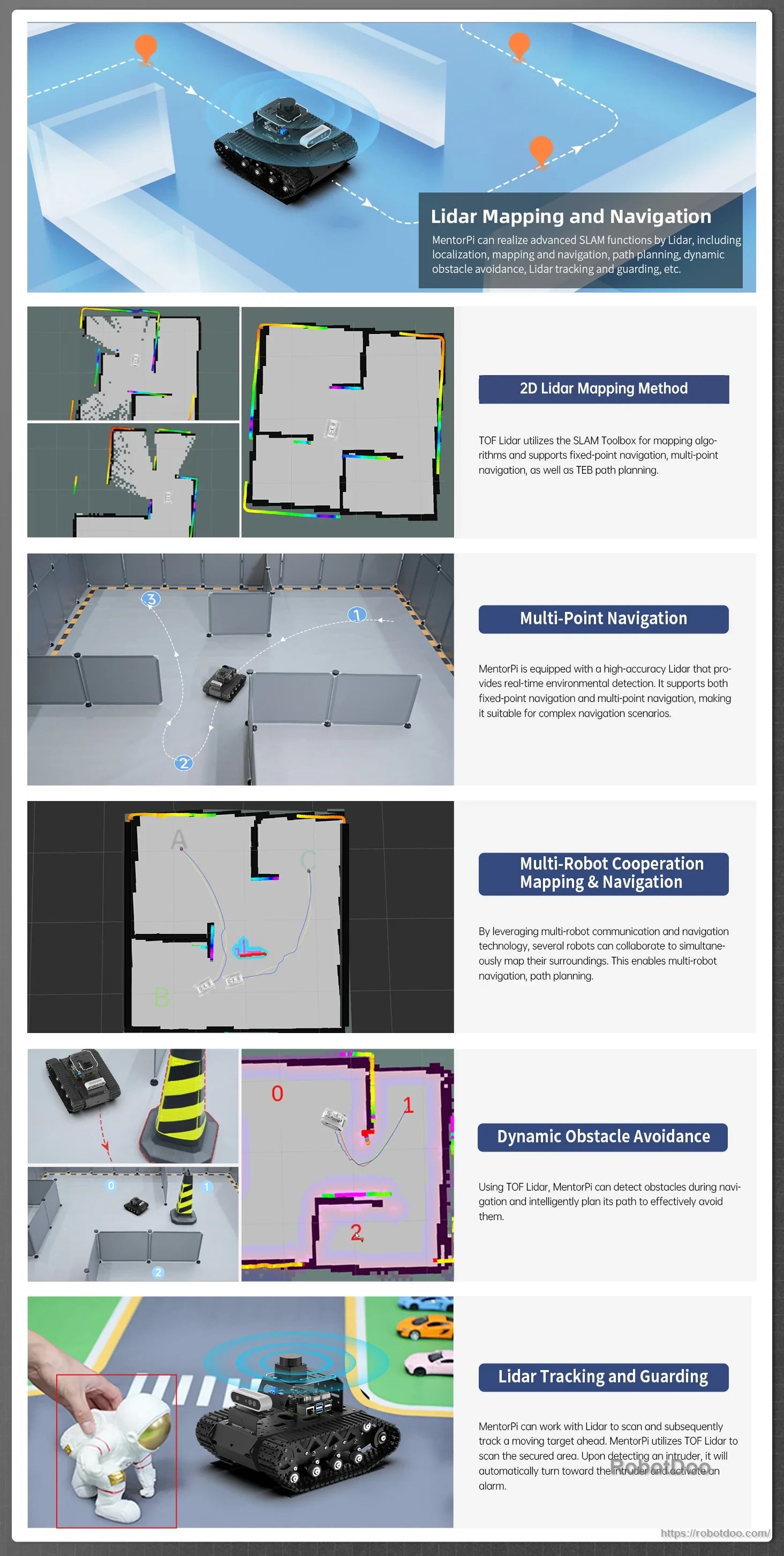 Hiwonder MentorPi T1 ROS2 robot feature overview with LiDAR mapping, multi-point navigation and obstacle avoidance