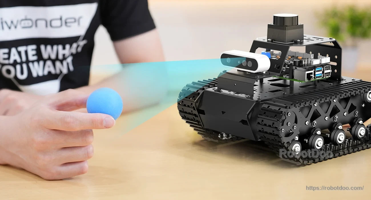 Hiwonder MentorPi T1 tracked Raspberry Pi 5 robot with camera module and front gripper detecting a blue ball