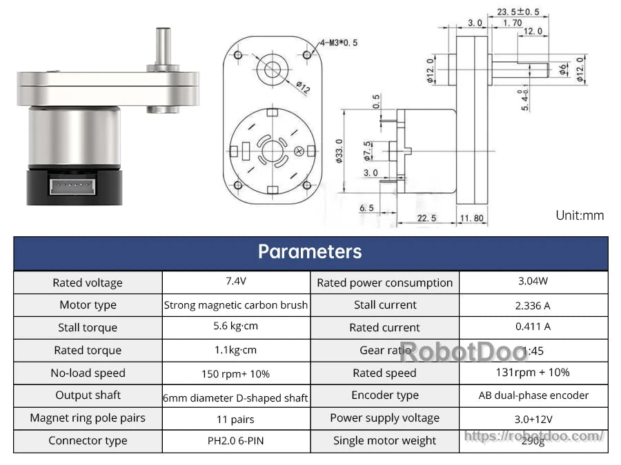 7.4V geared motor with 6 mm D-shaped output shaft, AB dual-phase encoder, and dimensional drawing