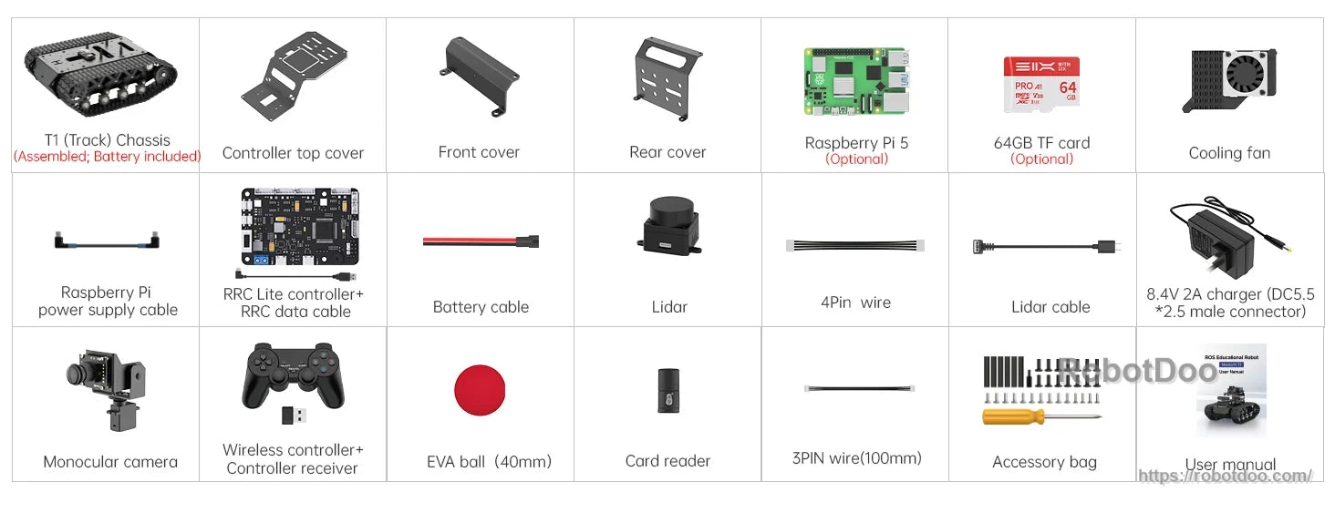 Hiwonder MentorPi T1 Raspberry Pi 5 ROS2 robot kit with chassis panels, LiDAR, camera and controller