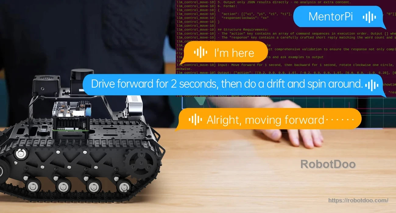 Tracked MentorPi robot receiving a spoken command to move and spin
