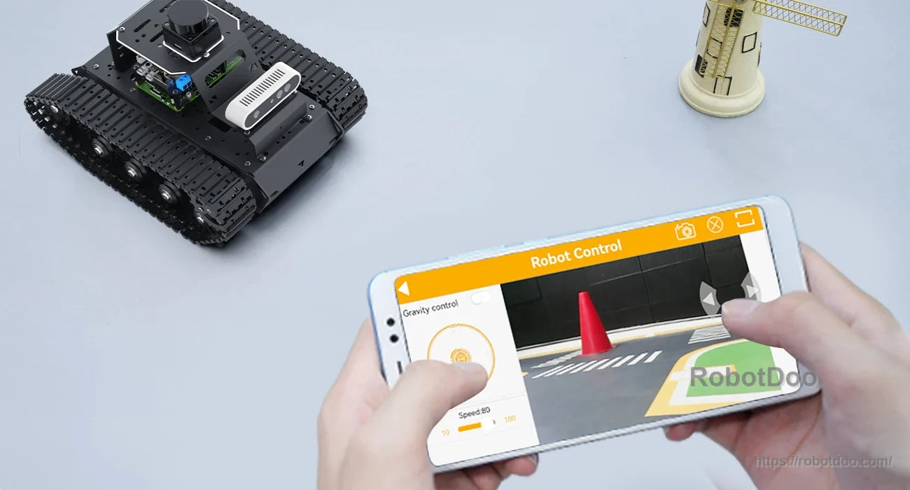 Hiwonder MentorPi T1 tracked Raspberry Pi robot controlled from a smartphone app with camera view