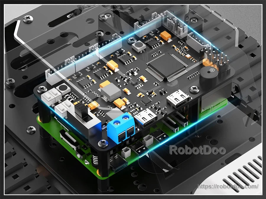 RRC Lite controller board installed inside the tracked robot chassis