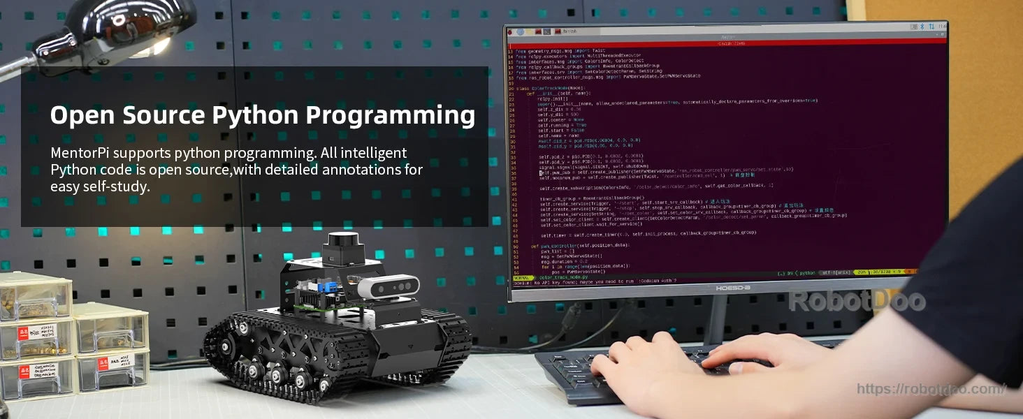 Hiwonder MentorPi T1 tracked Raspberry Pi robot beside a monitor running open-source Python programming code