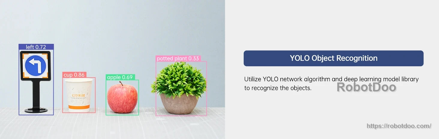 YOLO object recognition display identifying a sign, cup, apple and potted plant with labeled bounding boxes
