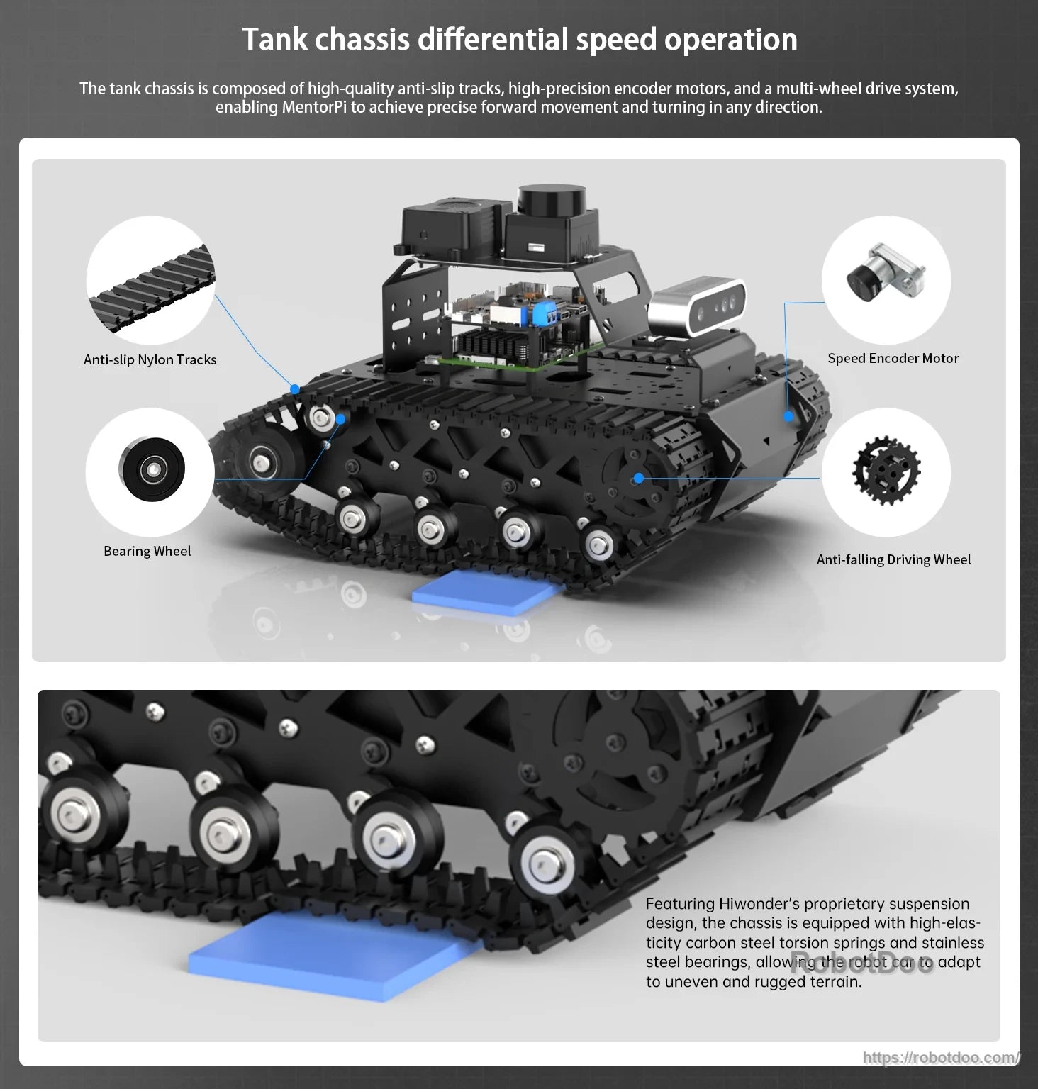 Hiwonder MentorPi T1 tracked ROS2 robot chassis with rubber tracks, encoder motors, and multi-wheel drive