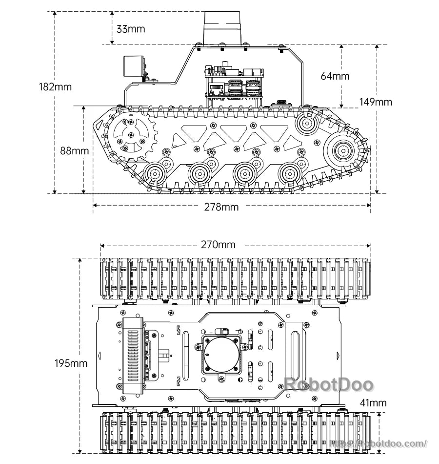 Dimensioned technical drawing of Hiwonder MentorPi T1 tracked ROS2 robot with 278 mm length and 270 mm track width