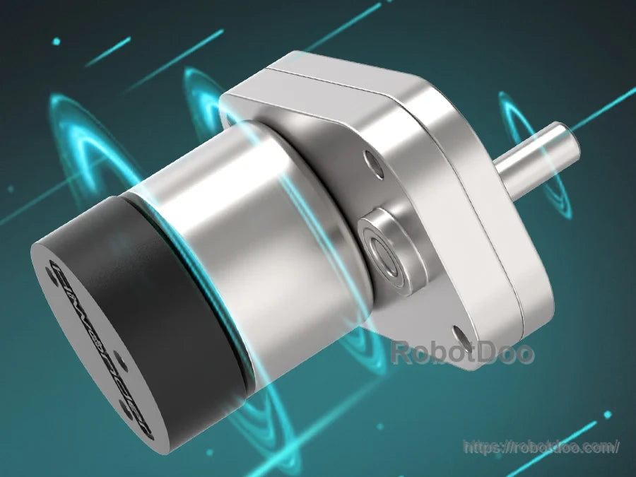 Metal drive motor with cylindrical silver housing, black end cap, mounting flange, and output shaft