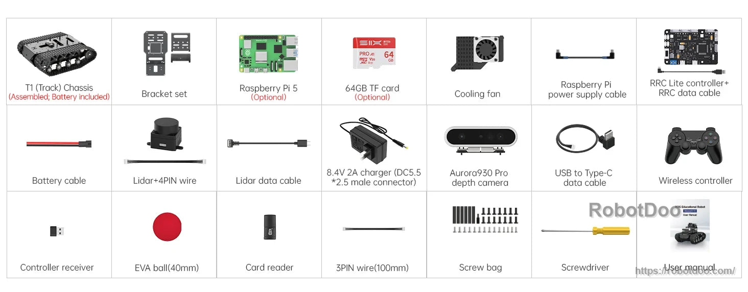 Hiwonder MentorPi T1 ROS2 robot kit components including Raspberry Pi 5, 64GB TF card, cooling fan and controller