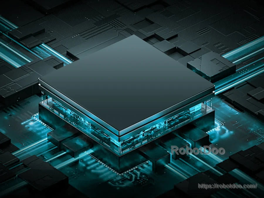 Stylized close-up of a processor chip with glowing blue circuit traces for Hiwonder MentorPi T1 robot