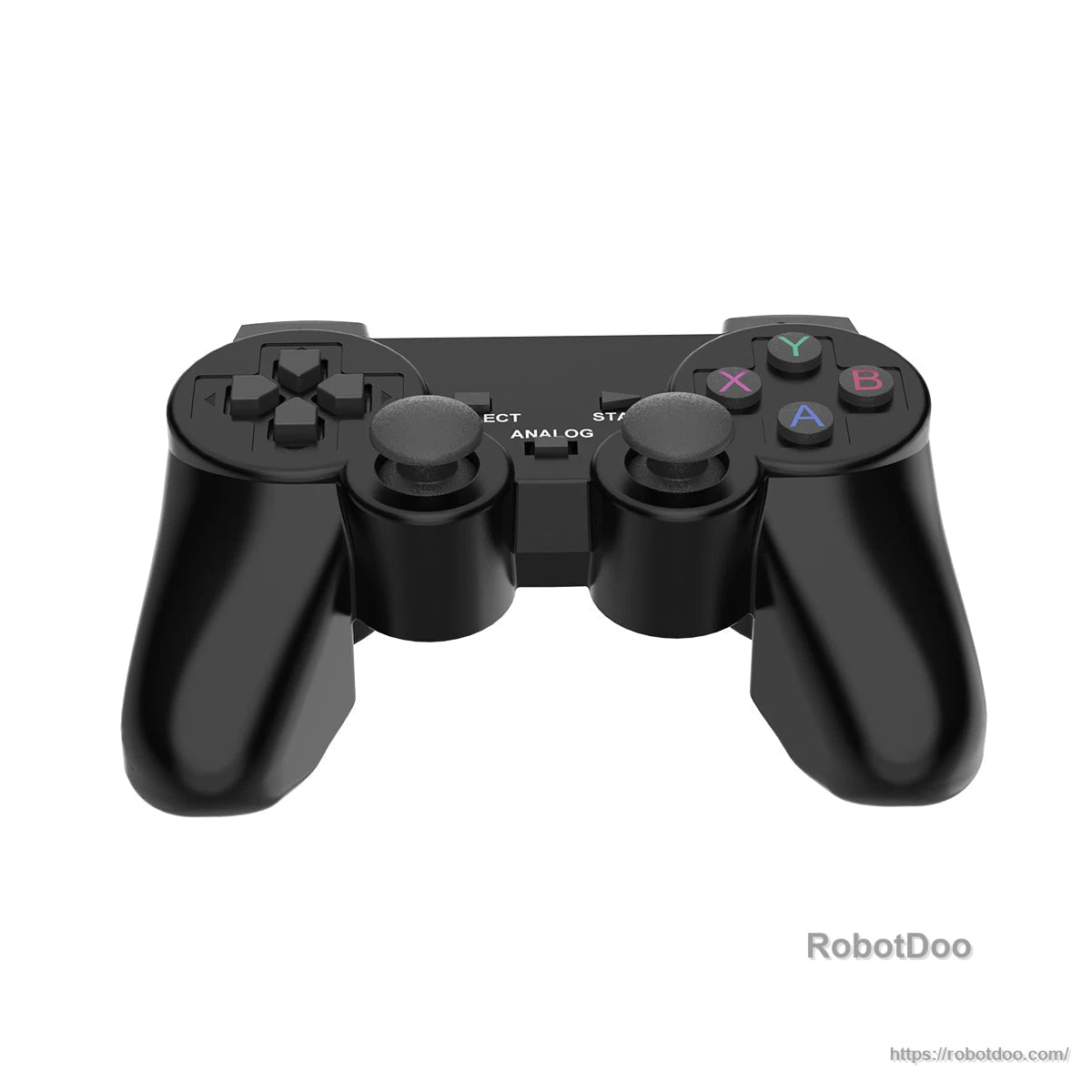 Black PS2-style controller front view with dual analog sticks, D-pad, and A/B/X/Y buttons