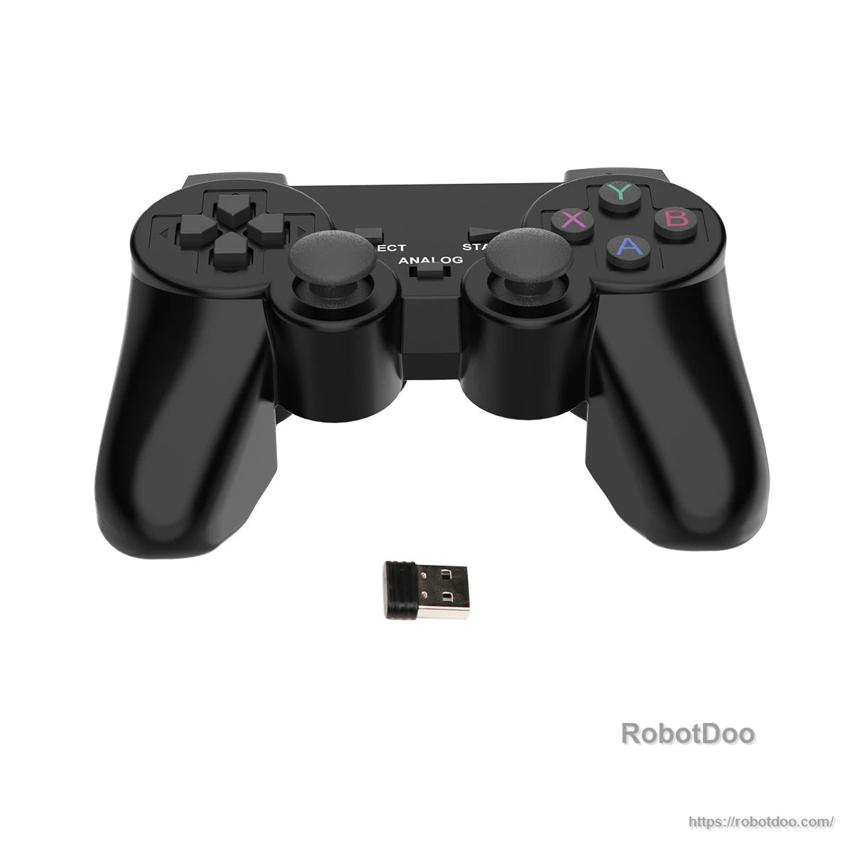 Hiwonder PS2 wireless gamepad and USB receiver dongle on white background, angled view