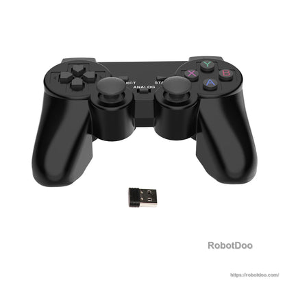 Hiwonder PS2 wireless gamepad and USB receiver dongle on white background, angled view