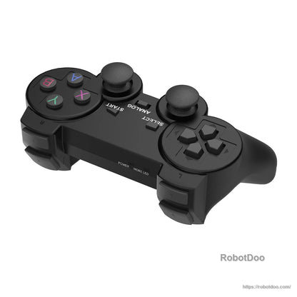 Top view showing Select/Start/Analog buttons and Power/Mode LED indicators on controller